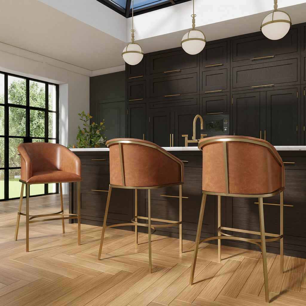 31" Brown and Gold Wood Fabric and Steel Low Back Bar Height Bar Chair