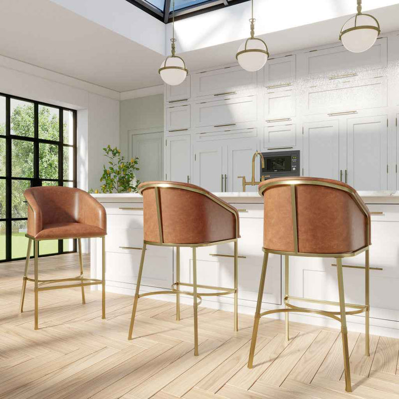 31" Brown and Gold Wood Fabric and Steel Low Back Bar Height Bar Chair