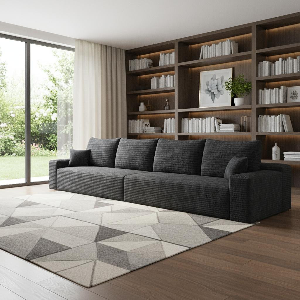 140" Black Corduroy Modular Compression Foam Sofa With Toss Pillows