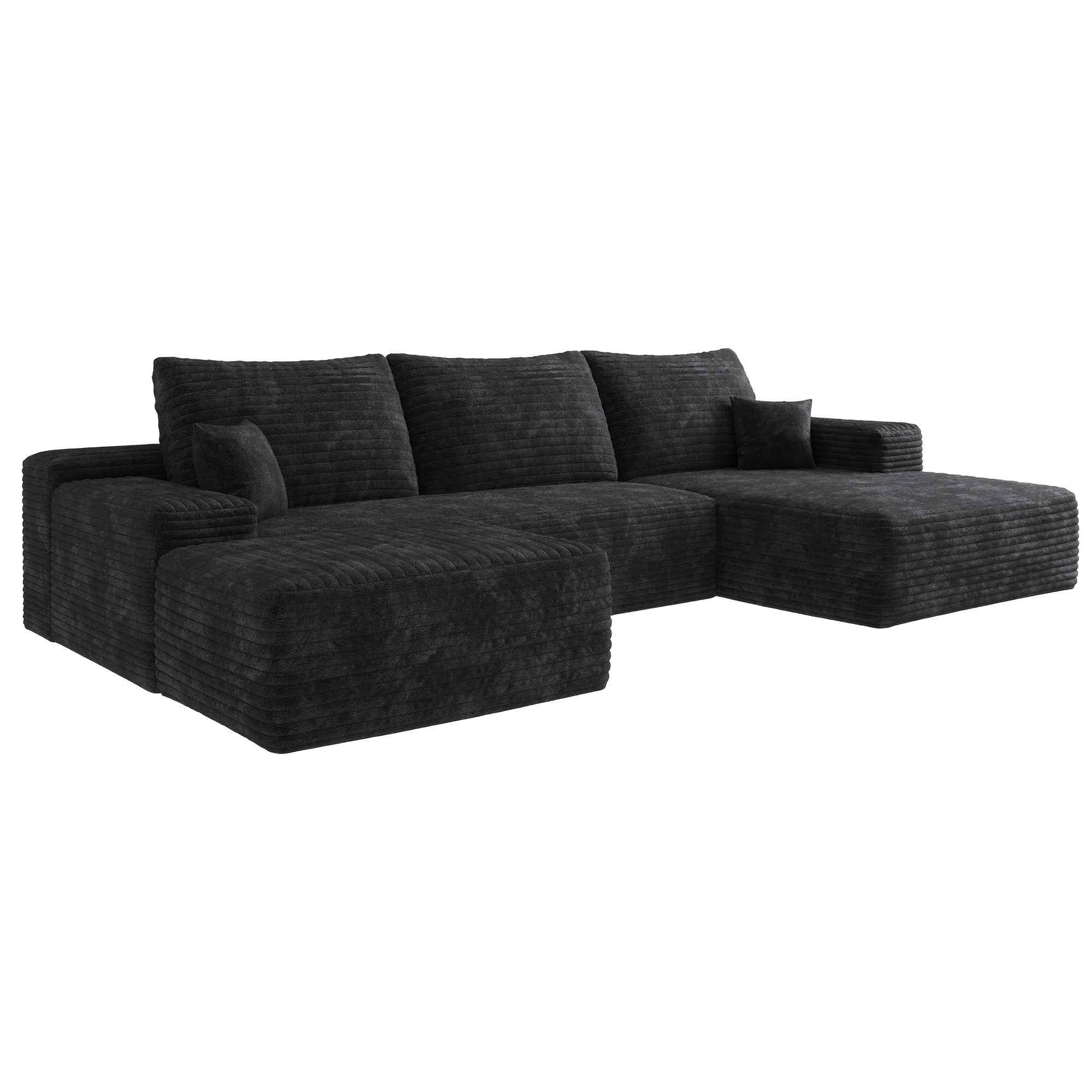 107" Black Corduroy Modular Compression Foam Sofa With Ottoman And Toss Pillows