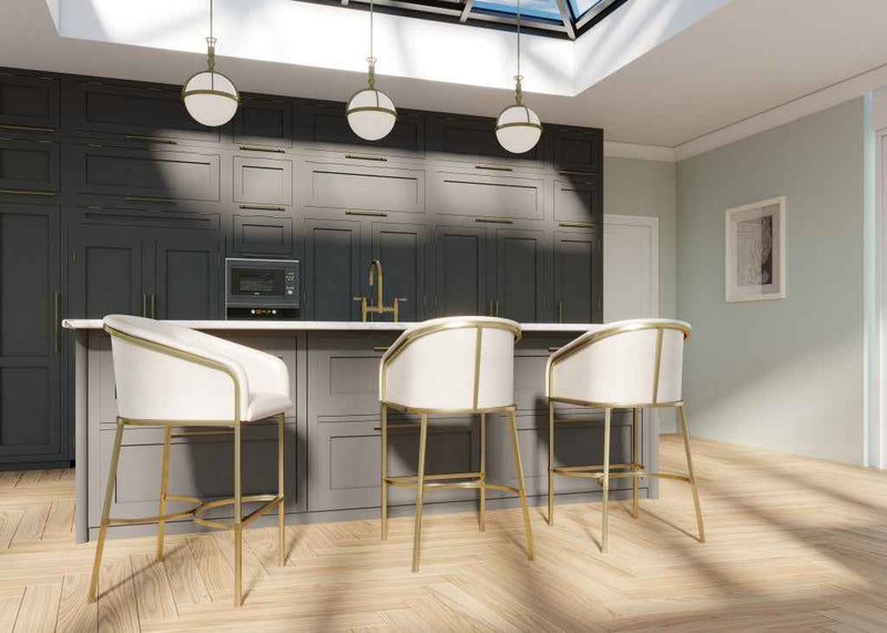 31" White and Gold Wood Fabric and Steel Low Back Bar Height Bar Chair