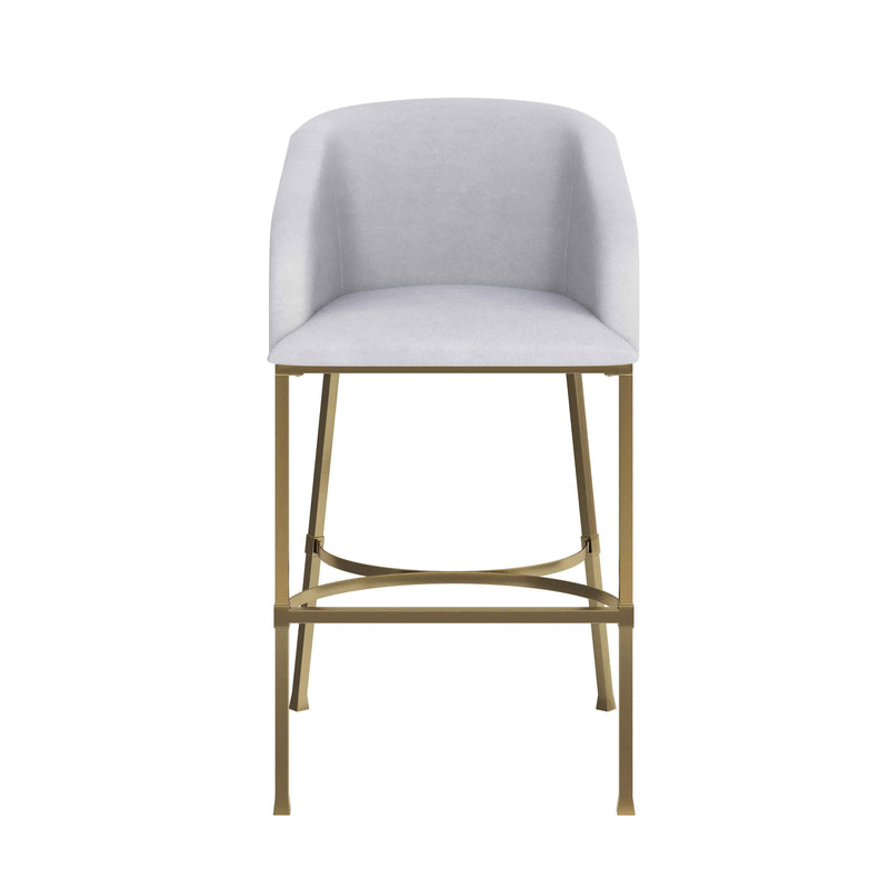 31" White and Gold Wood Fabric and Steel Low Back Bar Height Bar Chair