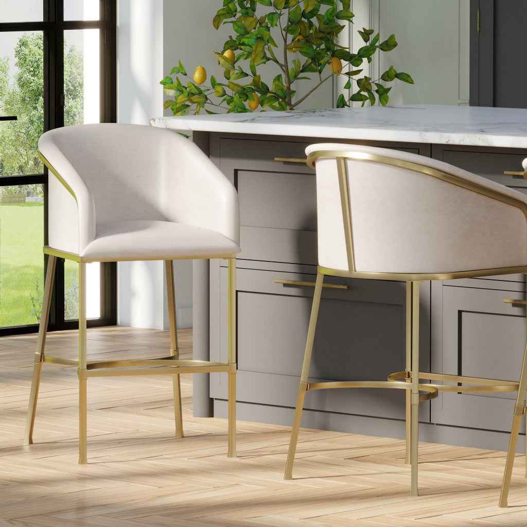 31" White and Gold Wood Fabric and Steel Low Back Bar Height Bar Chair