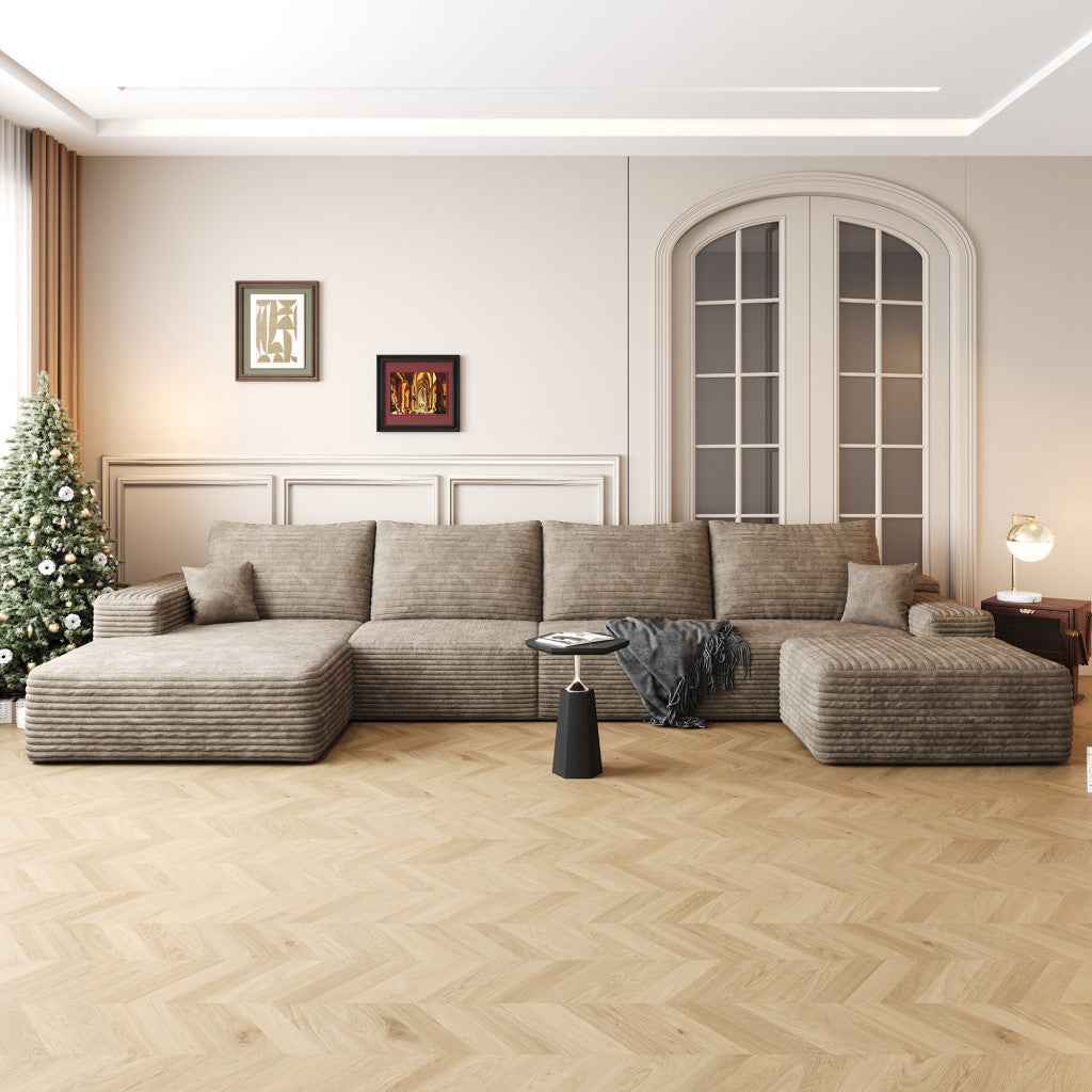 135" Camel Corduroy Modular Compression Foam Sofa With Ottoman And Toss Pillows