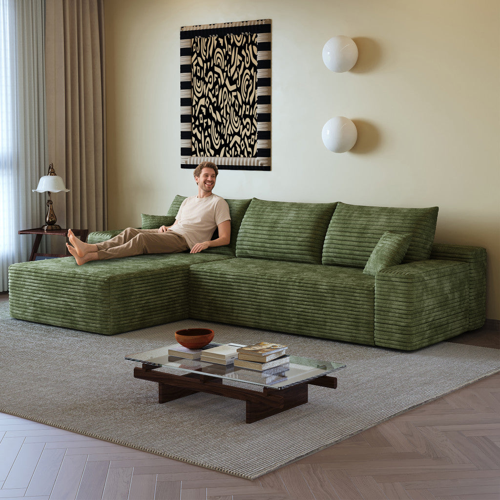 107" Green Corduroy Modular Compression Foam Sofa With Toss Pillows Default Title