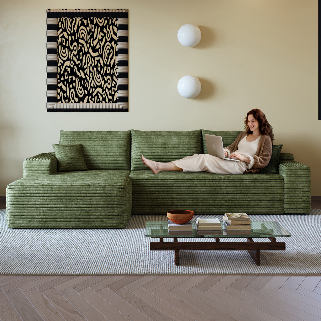 107" Green Corduroy Modular Compression Foam Sofa With Toss Pillows