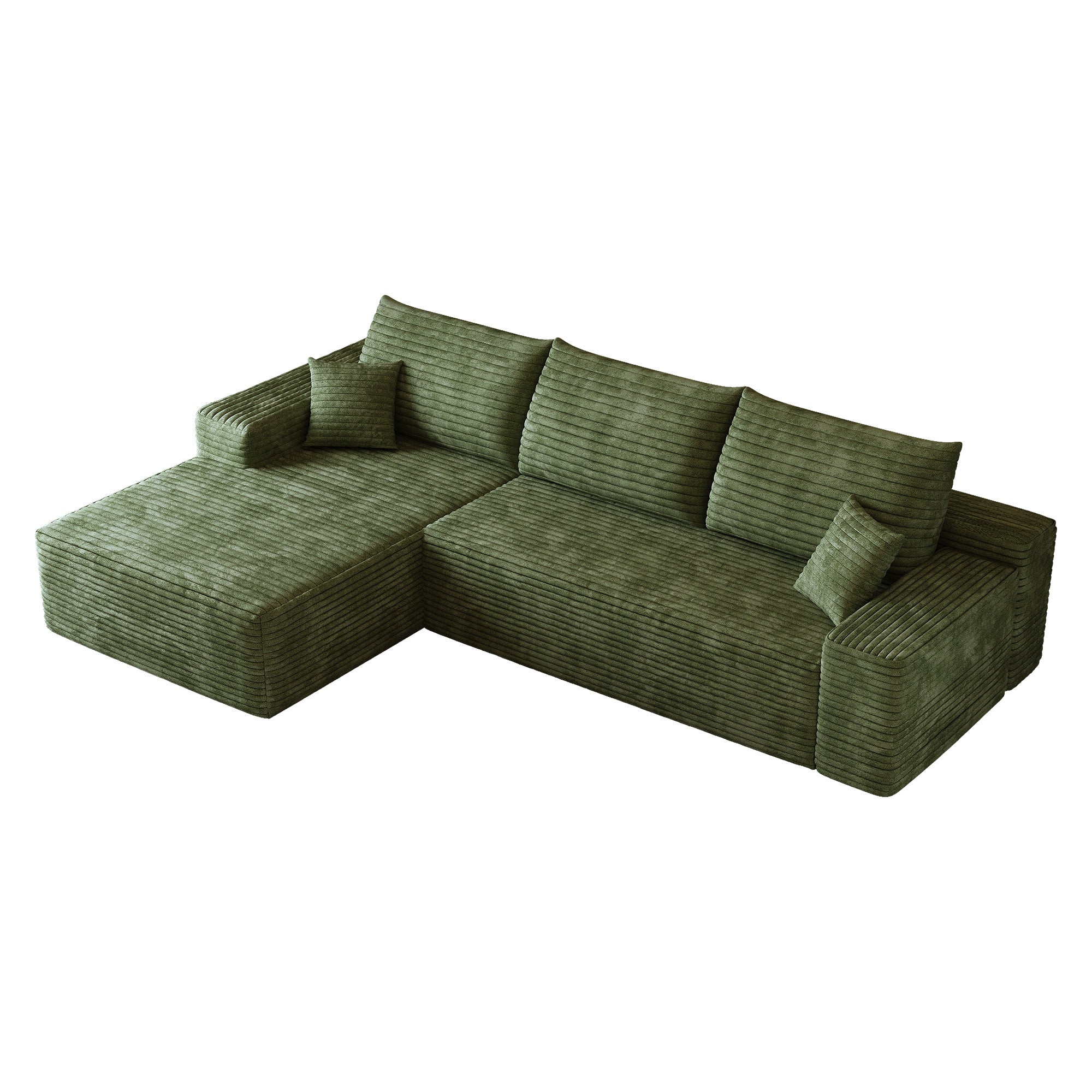 107" Green Corduroy Modular Compression Foam Sofa With Toss Pillows