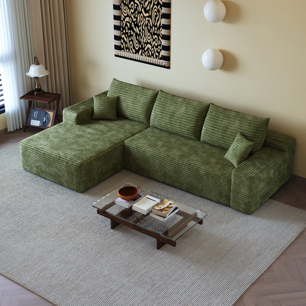 107" Green Corduroy Modular Compression Foam Sofa With Toss Pillows