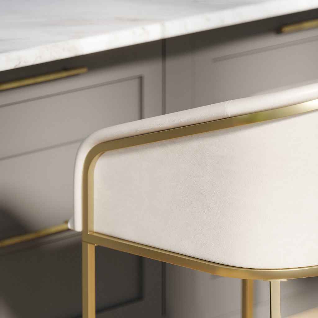 26" White and Gold Wood Fabric and Steel Low Back Counter Height Bar Chair