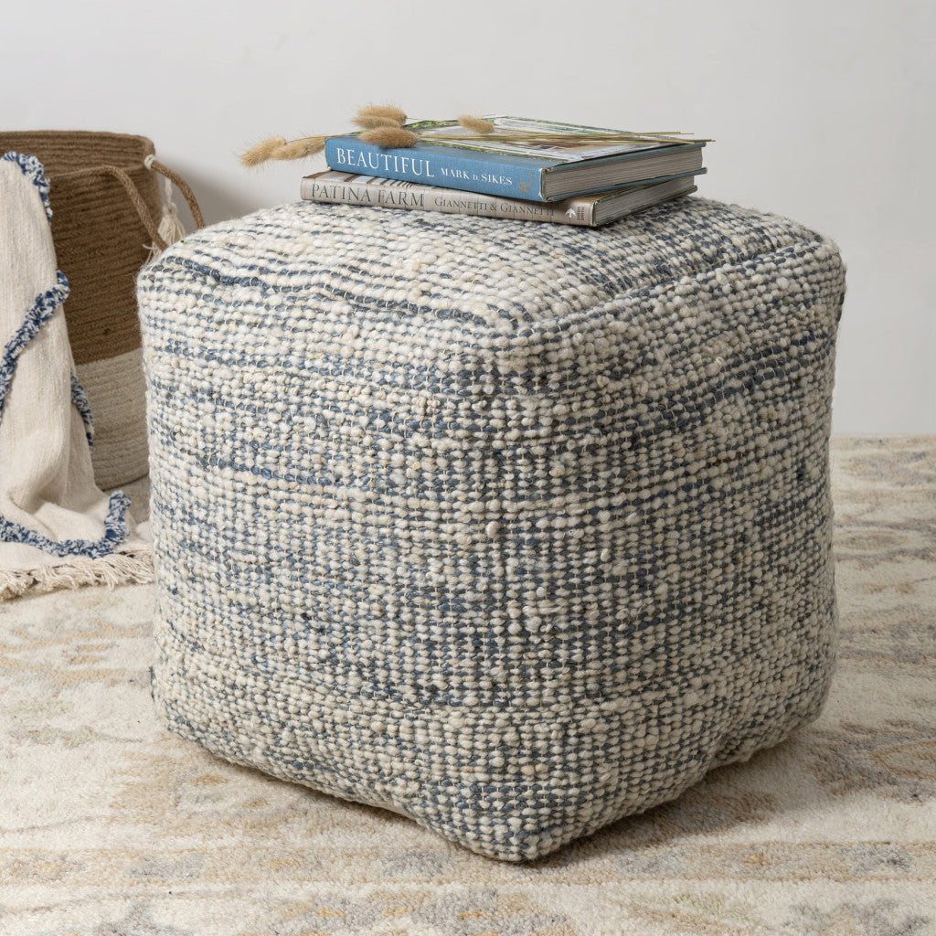18" Blue and Ivory Cotton Jute and Wool Striped Cube Pouf Ottoman - Living Room