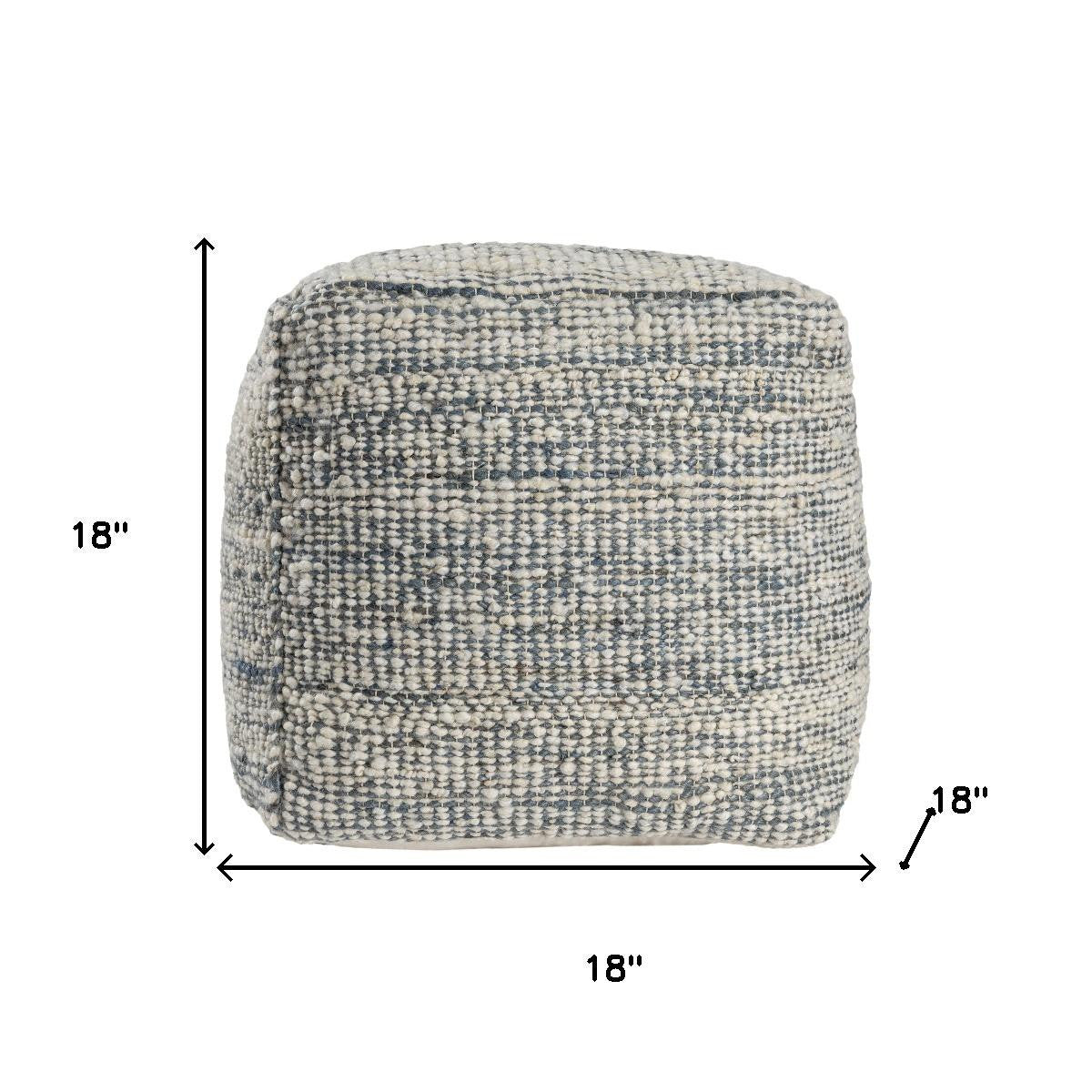 18" Blue and Ivory Cotton Jute and Wool Striped Cube Pouf Ottoman - Living Room