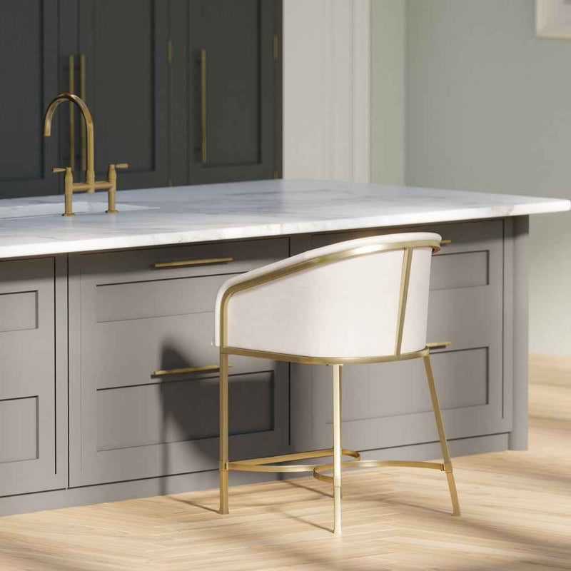 26" White and Gold Wood Fabric and Steel Low Back Counter Height Bar Chair