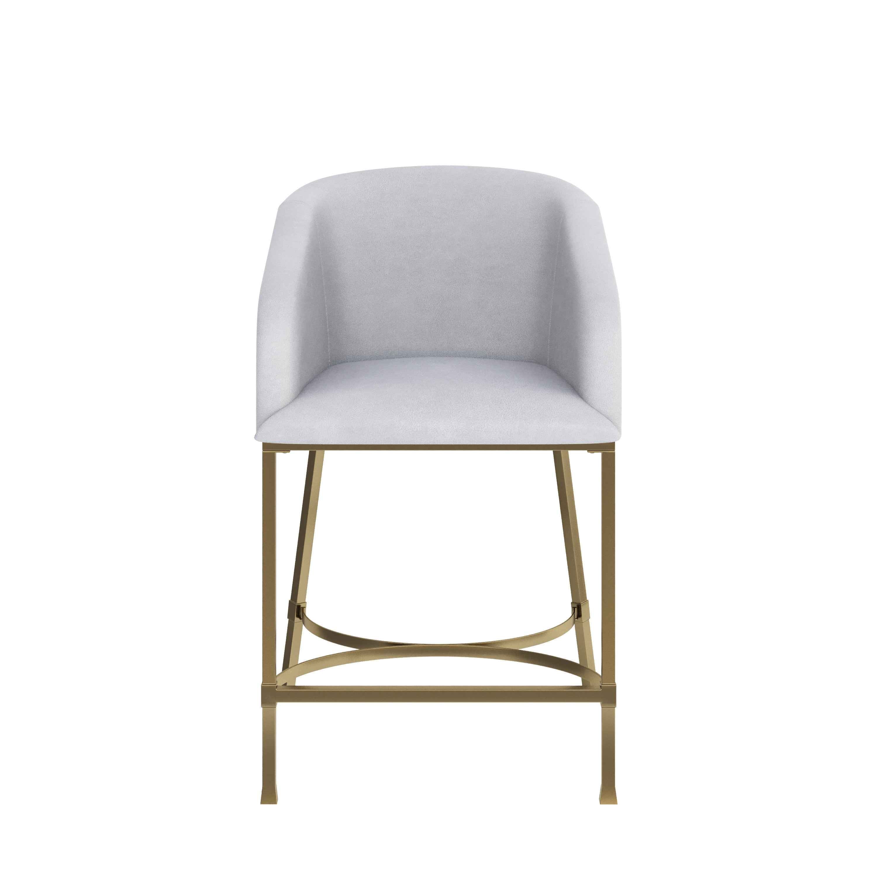 26" White and Gold Wood Fabric and Steel Low Back Counter Height Bar Chair