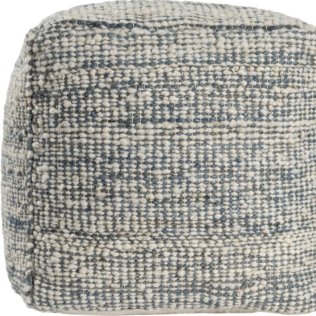 18" Blue and Ivory Cotton Jute and Wool Striped Cube Pouf Ottoman - Living Room
