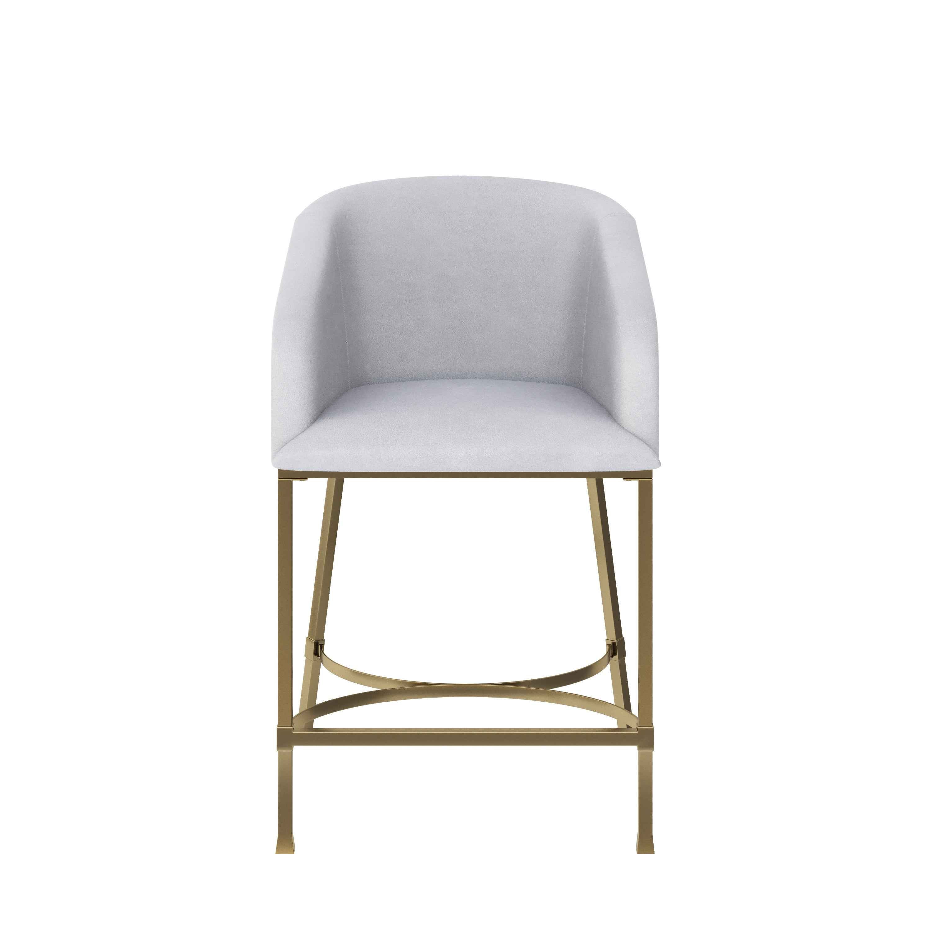 26" White and Gold Wood Fabric and Steel Low Back Counter Height Bar Chair