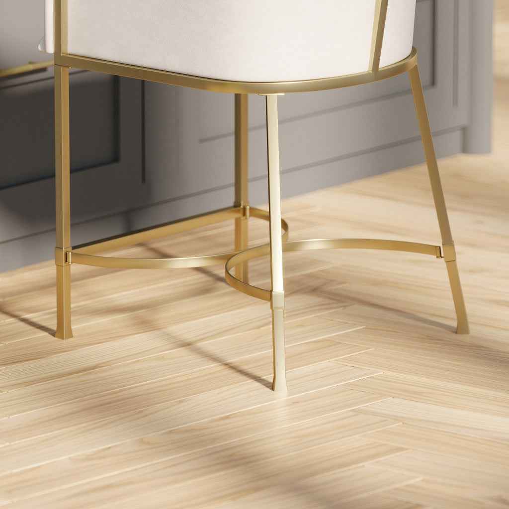26" White and Gold Wood Fabric and Steel Low Back Counter Height Bar Chair