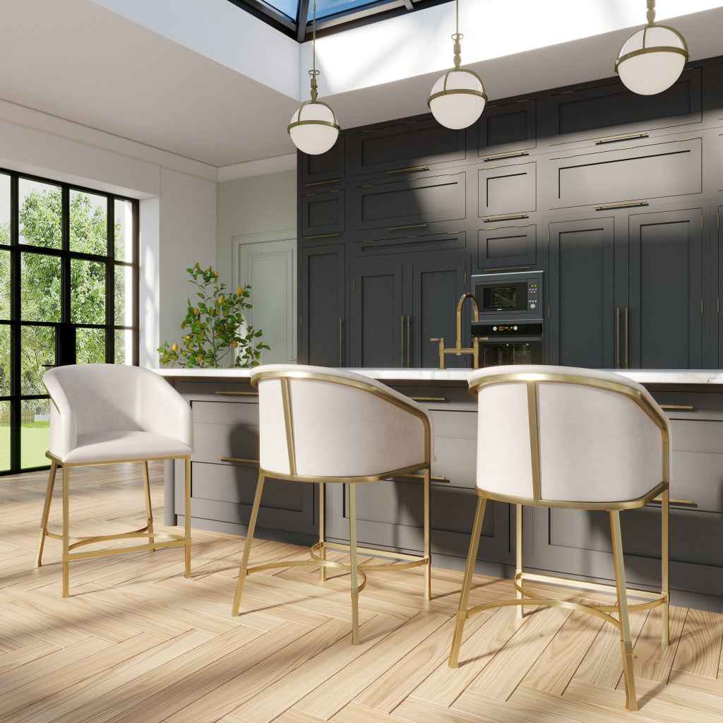 26" White and Gold Wood Fabric and Steel Low Back Counter Height Bar Chair