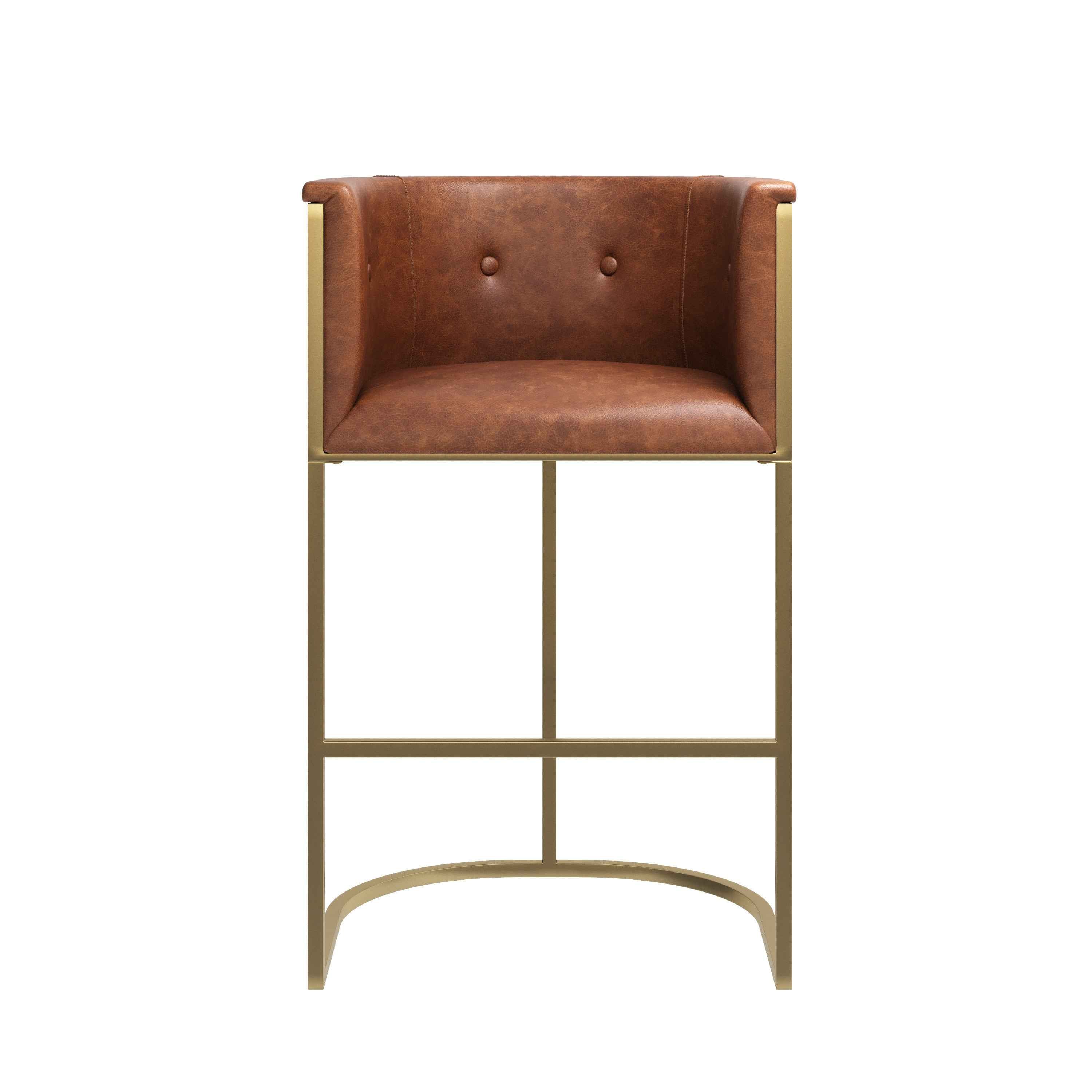 31" Brown and Gold Wood Fabric and Steel Low Back Bar Height Bar Chair