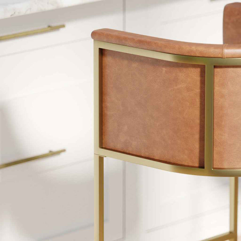 31" Brown and Gold Wood Fabric and Steel Low Back Bar Height Bar Chair