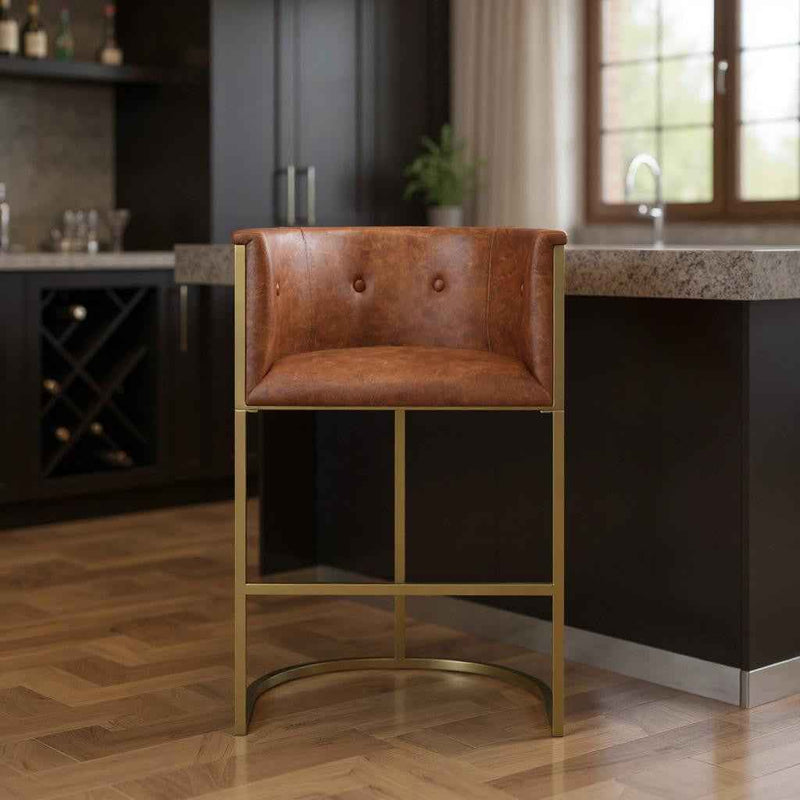 31" Brown and Gold Wood Fabric and Steel Low Back Bar Height Bar Chair