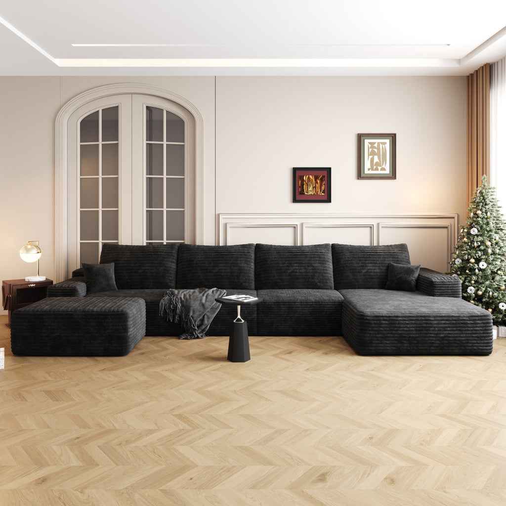 135" Black Corduroy Modular Compression Foam Sofa With Ottoman And Toss Pillows