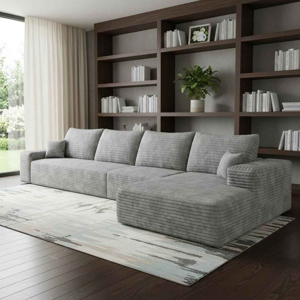 135" Gray Corduroy Modular Compression Foam Sofa With Toss Pillows