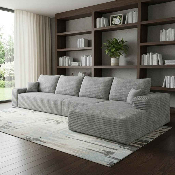 135" Gray Corduroy Modular Compression Foam Sofa With Toss Pillows