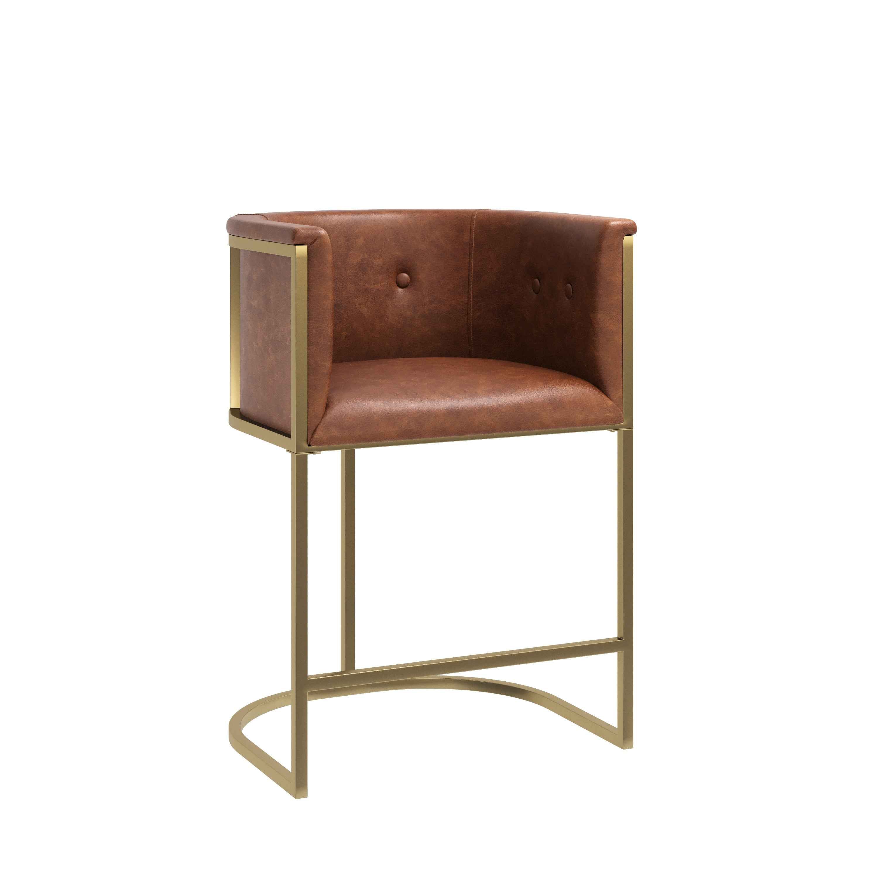 26" Brown and Gold Wood Fabric and Steel Low Back Counter Height Bar Chair