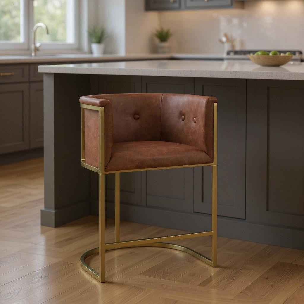 26" Brown and Gold Wood Fabric and Steel Low Back Counter Height Bar Chair