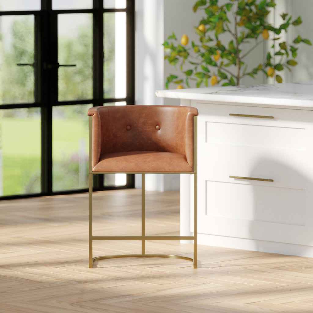 26" Brown and Gold Wood Fabric and Steel Low Back Counter Height Bar Chair