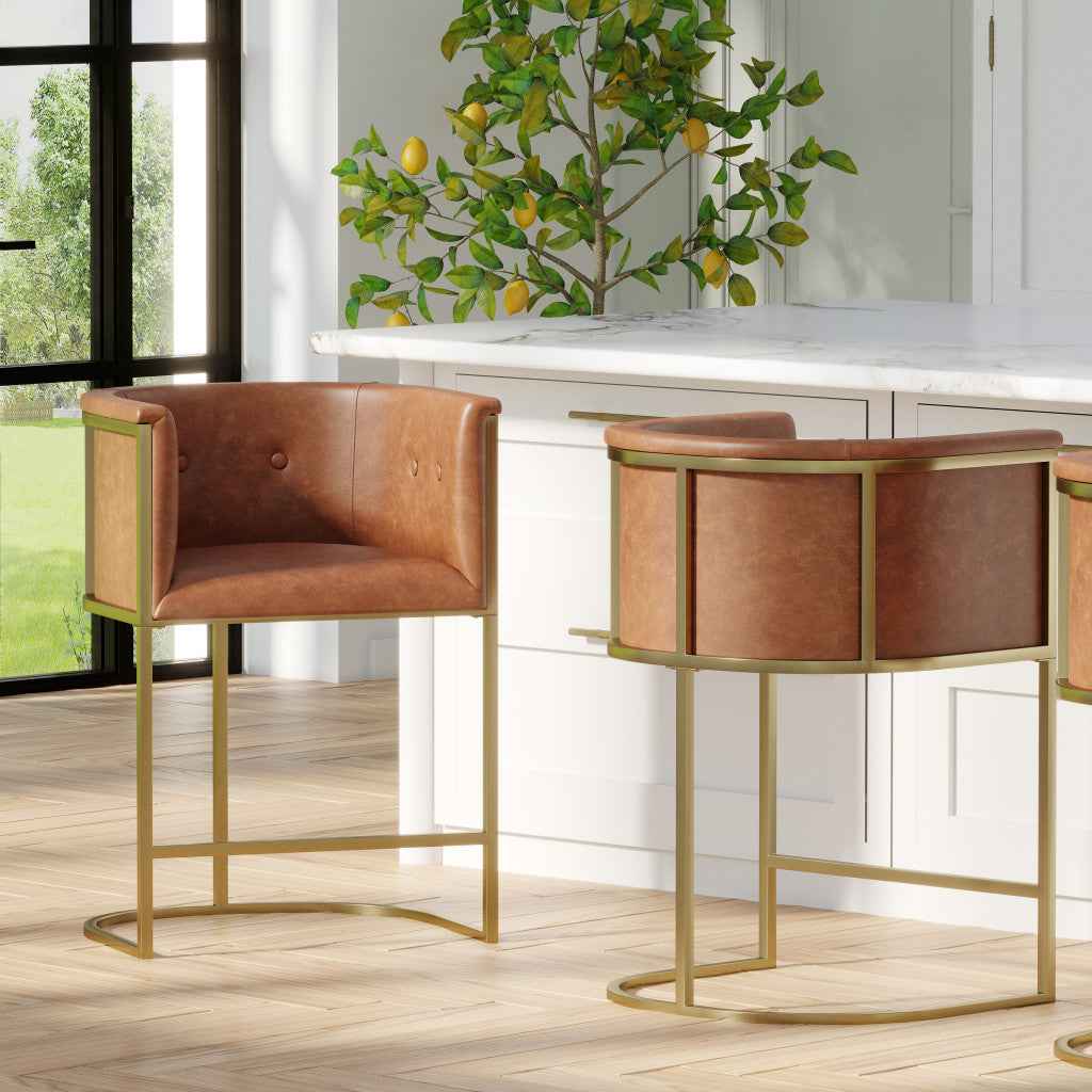 26" Brown and Gold Wood Fabric and Steel Low Back Counter Height Bar Chair