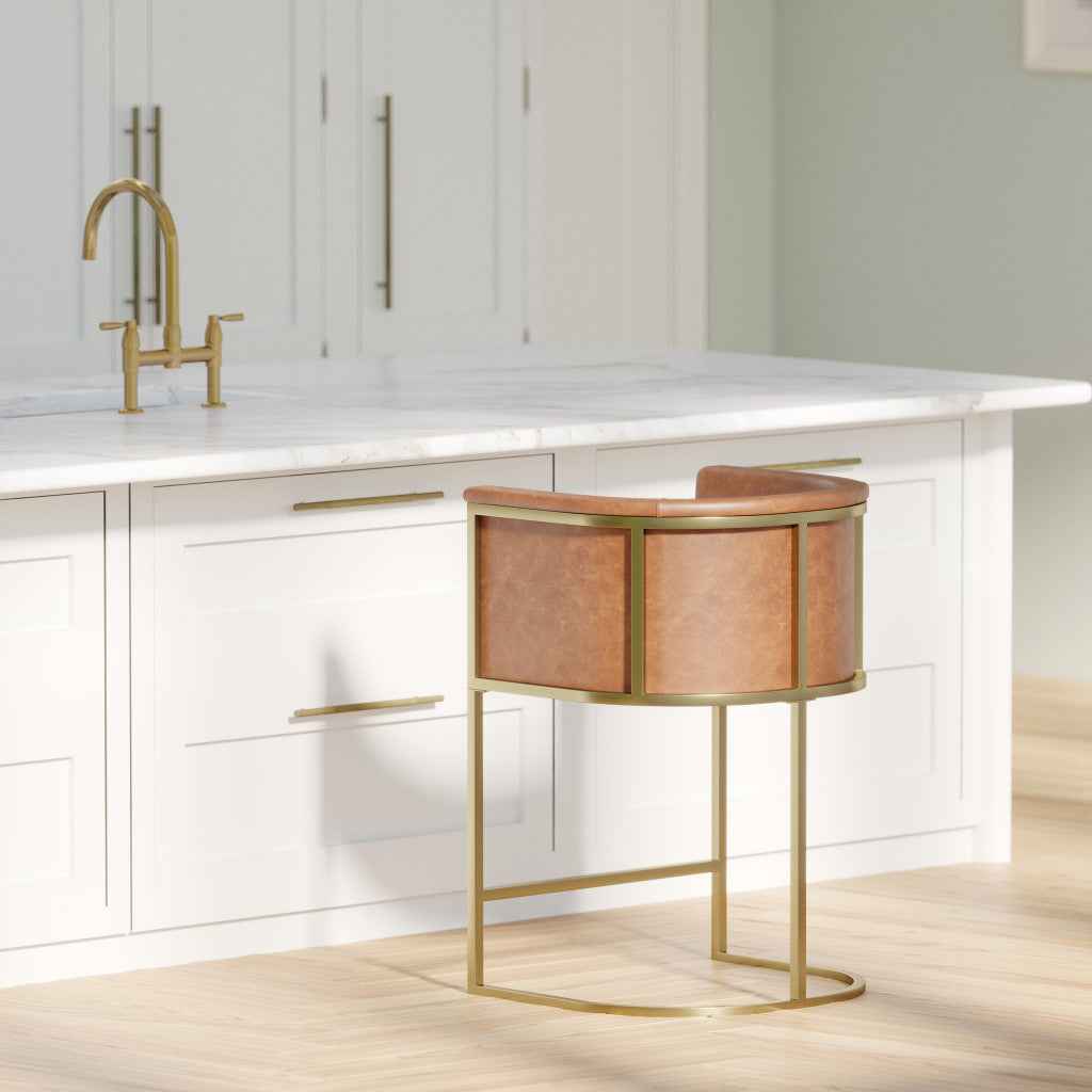 26" Brown and Gold Wood Fabric and Steel Low Back Counter Height Bar Chair