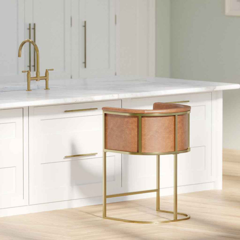 26" Brown and Gold Wood Fabric and Steel Low Back Counter Height Bar Chair