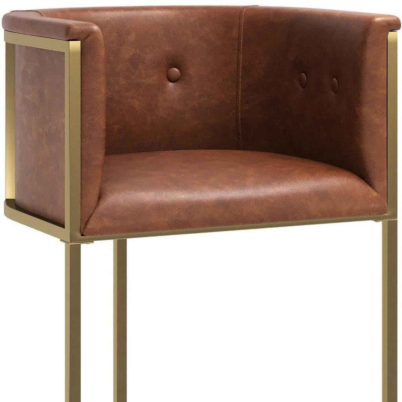 26" Brown and Gold Wood Fabric and Steel Low Back Counter Height Bar Chair