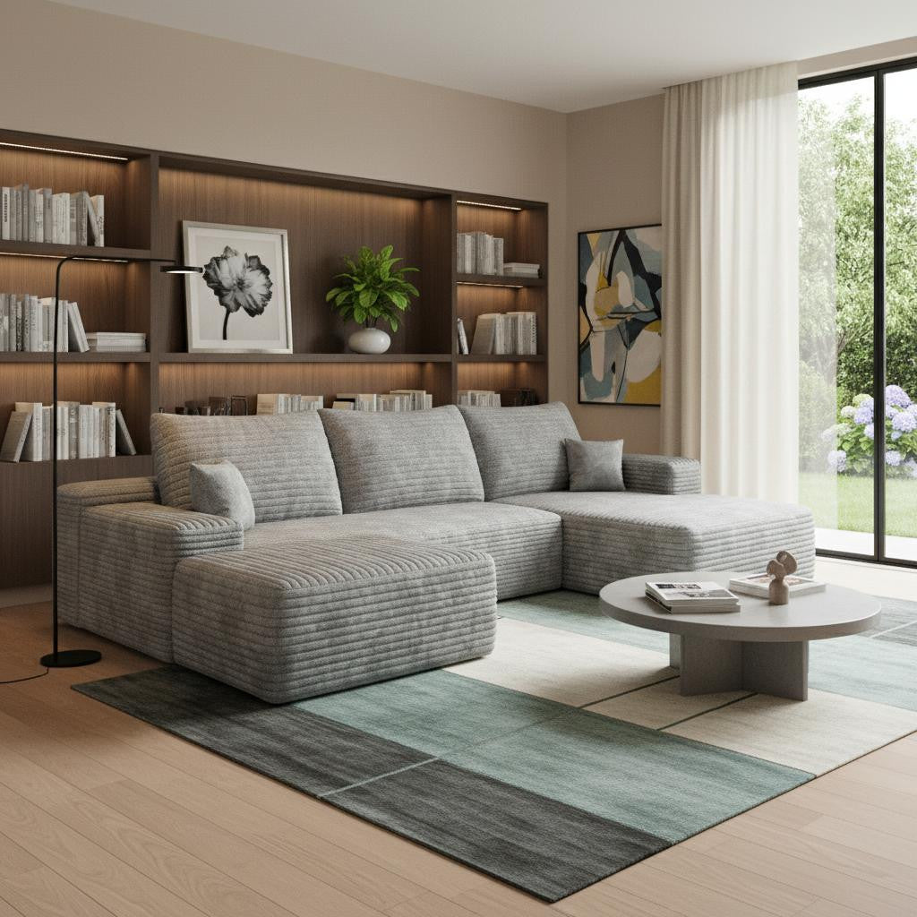 107" Gray Corduroy Modular Compression Foam Sofa With Ottoman And Toss Pillows