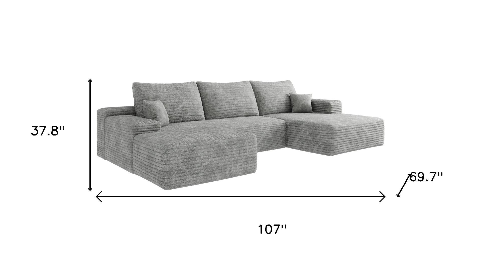 107" Gray Corduroy Modular Compression Foam Sofa With Ottoman And Toss Pillows
