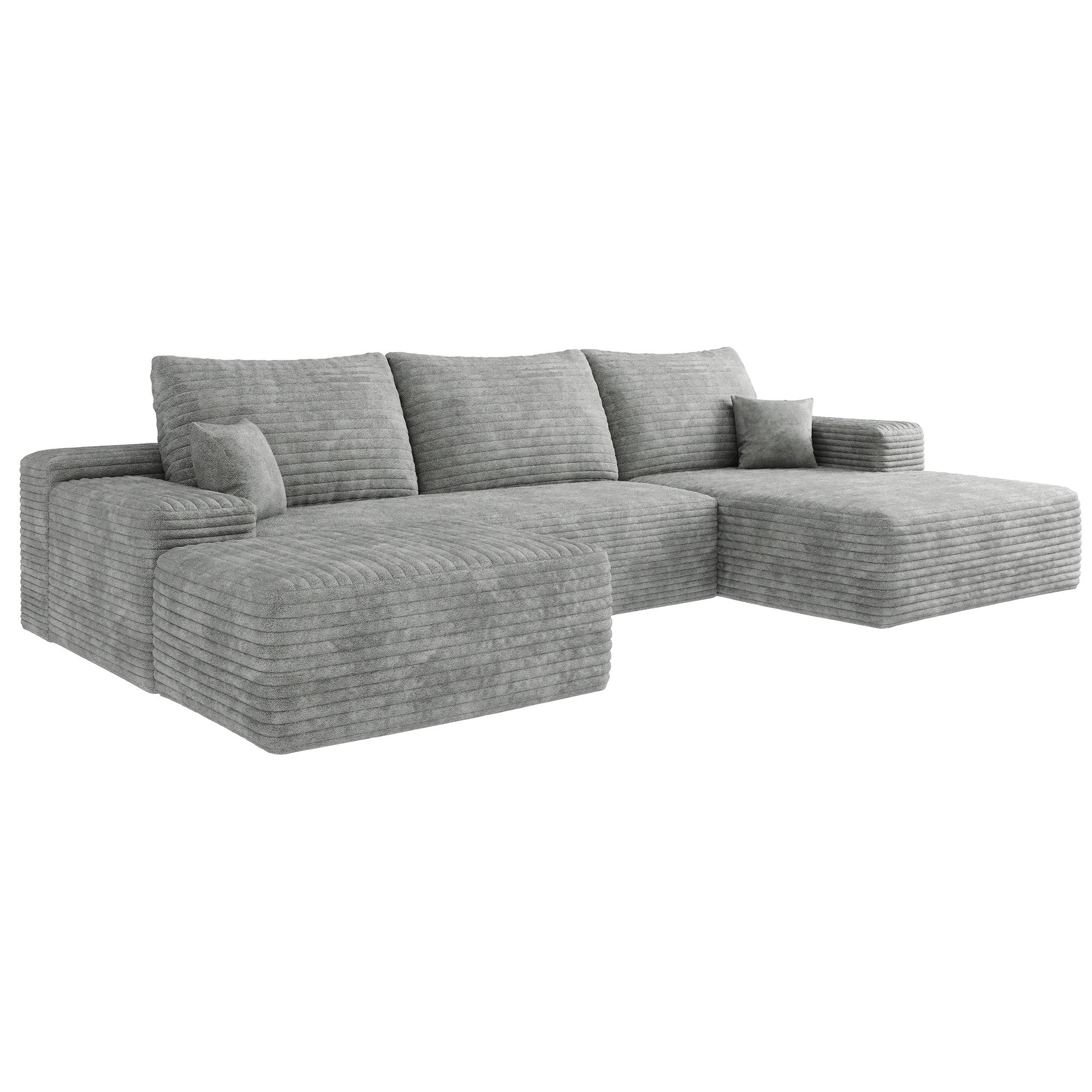 107" Gray Corduroy Modular Compression Foam Sofa With Ottoman And Toss Pillows