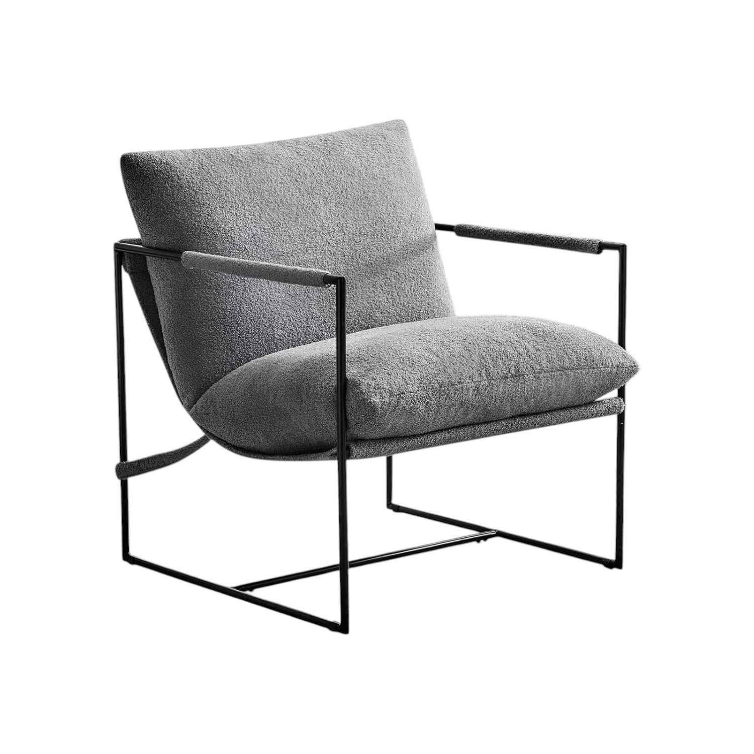 35" Gray and Black Boucle And Metal Sling Arm Chair