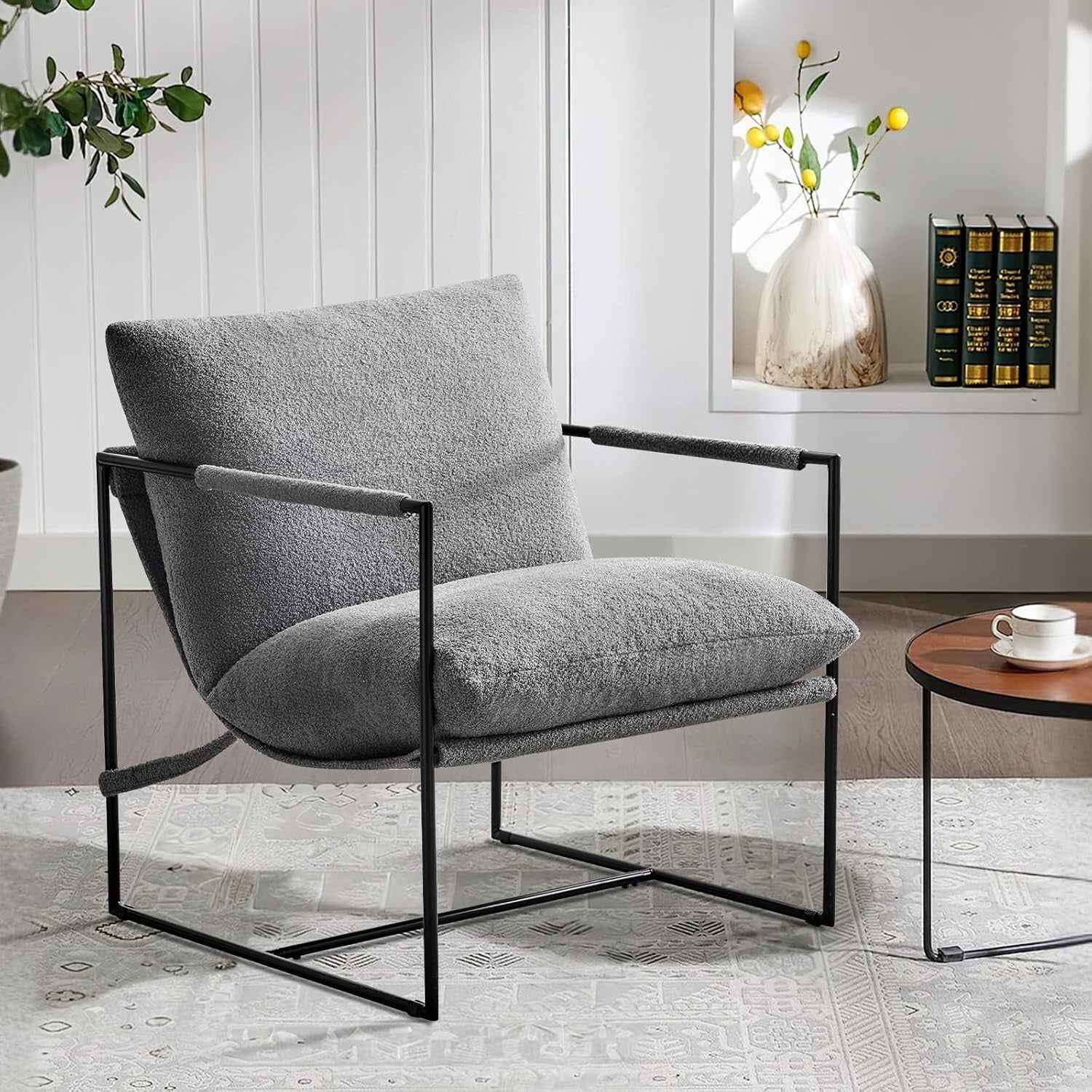 35" Gray and Black Boucle And Metal Sling Arm Chair