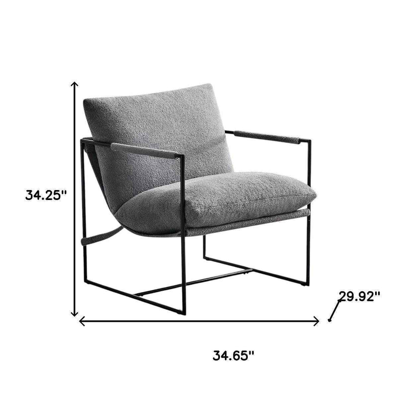 35" Gray and Black Boucle And Metal Sling Arm Chair