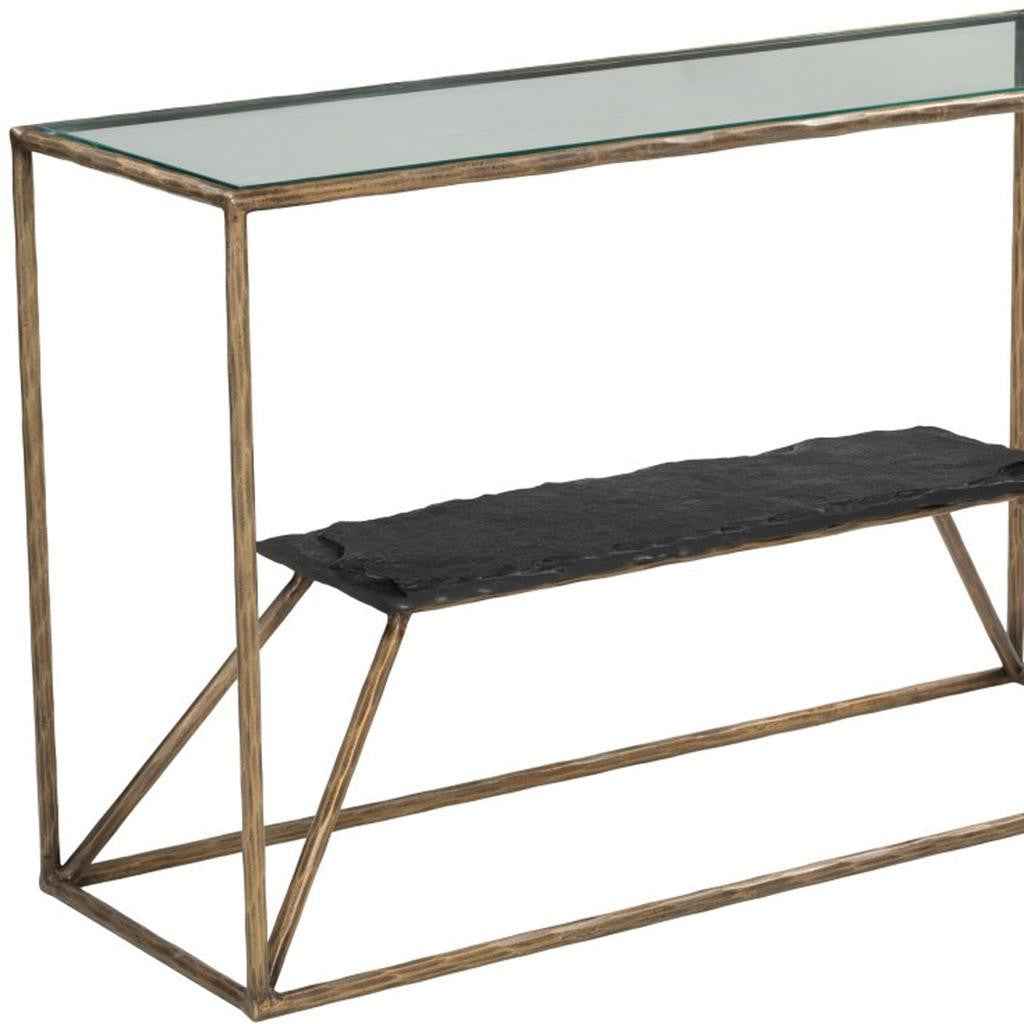 48" Clear and Brass Glass Iron and Stone Frame Console Table With Shelf