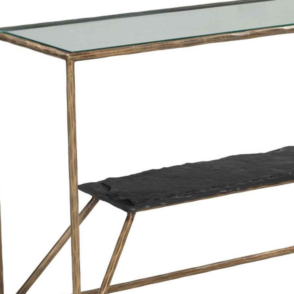 48" Clear and Brass Glass Iron and Stone Frame Console Table With Shelf