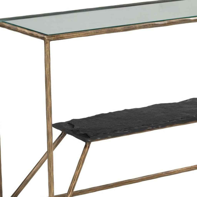 48" Clear and Brass Glass Iron and Stone Frame Console Table With Shelf