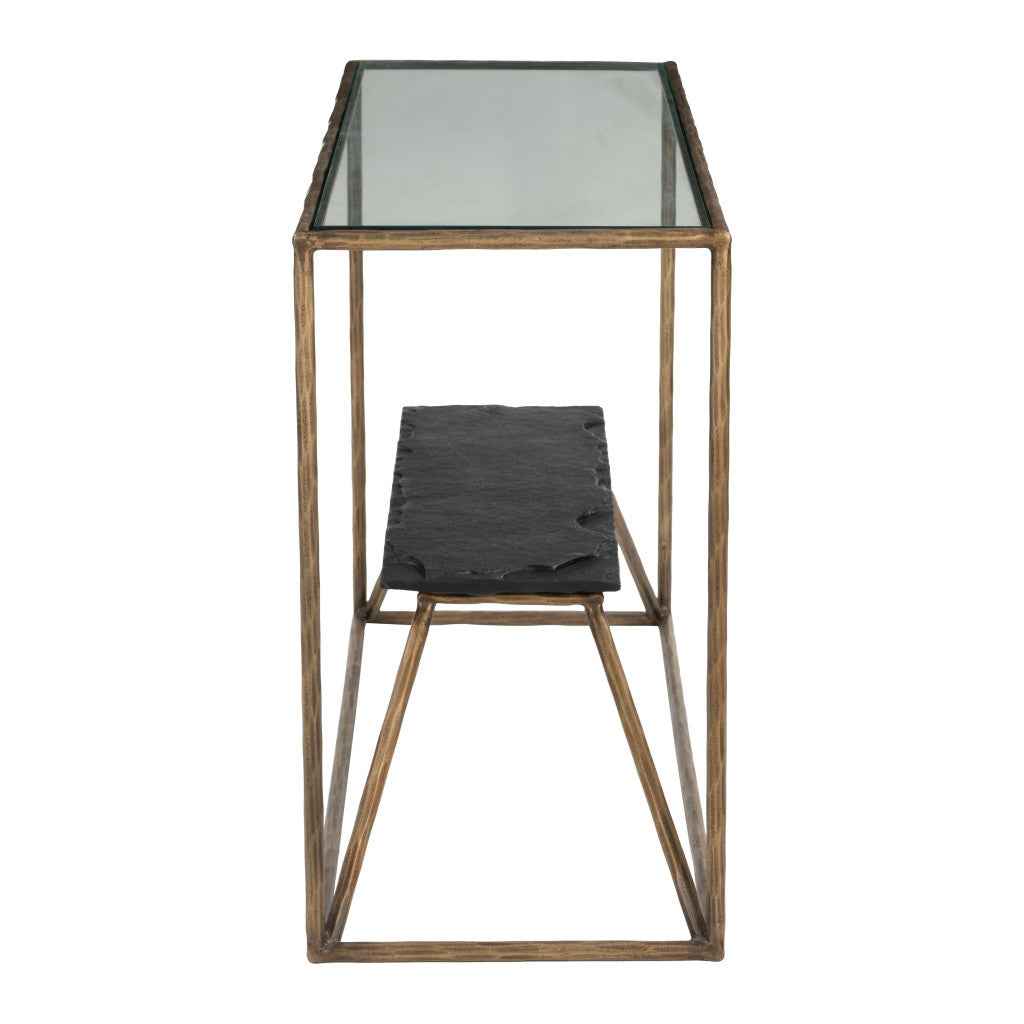 48" Clear and Brass Glass Iron and Stone Frame Console Table With Shelf