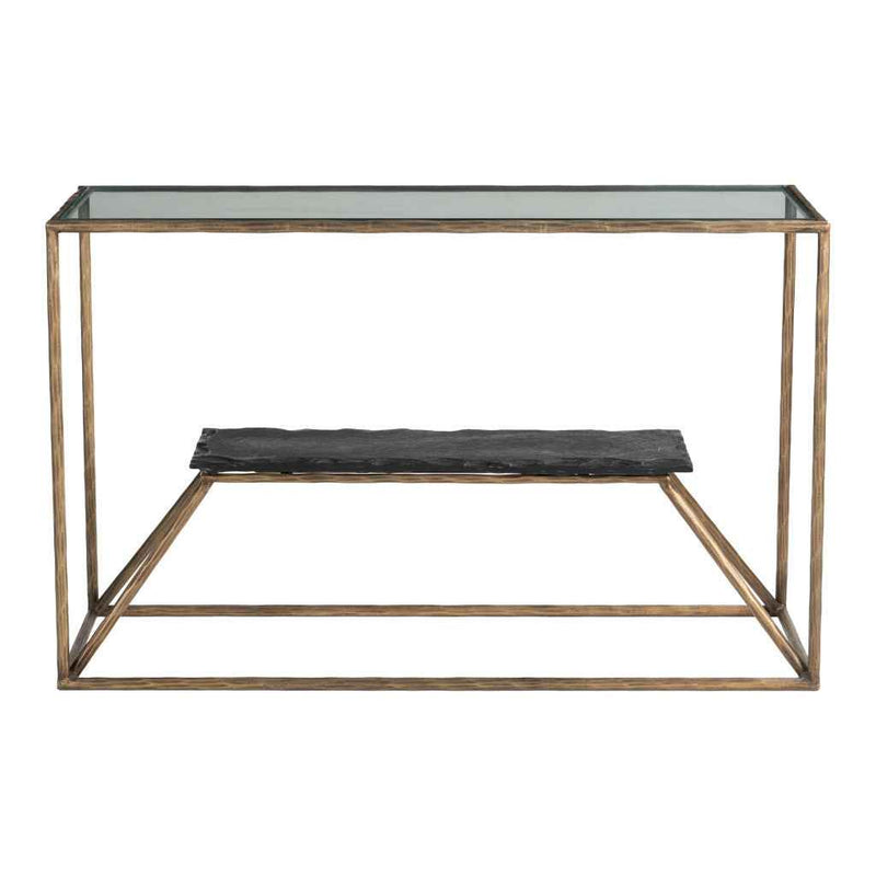 48" Clear and Brass Glass Iron and Stone Frame Console Table With Shelf