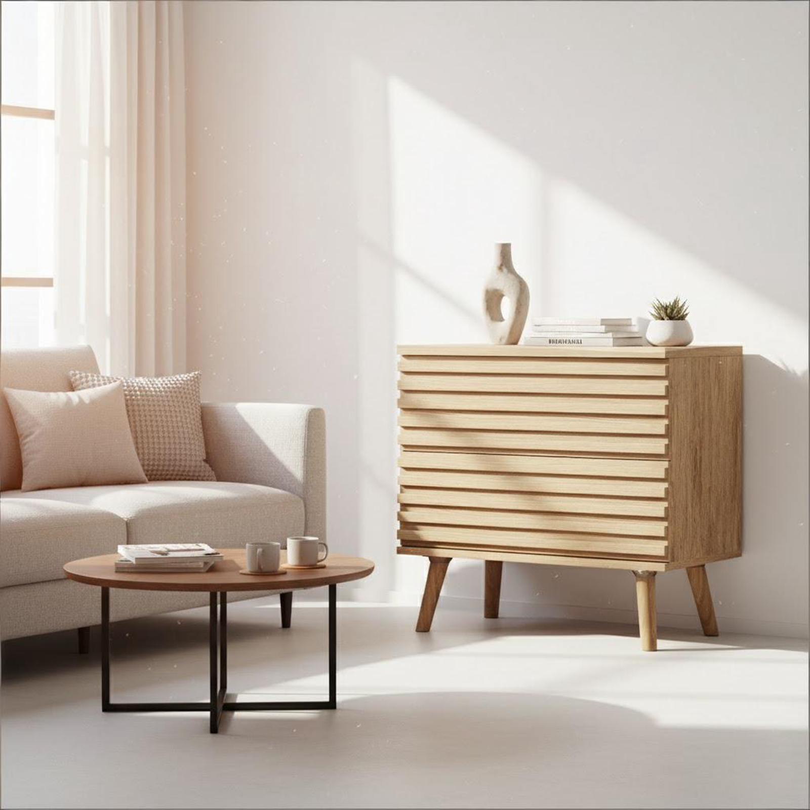 23" Natural Solid Wood Ribbed Texture Two Drawer Nightstand