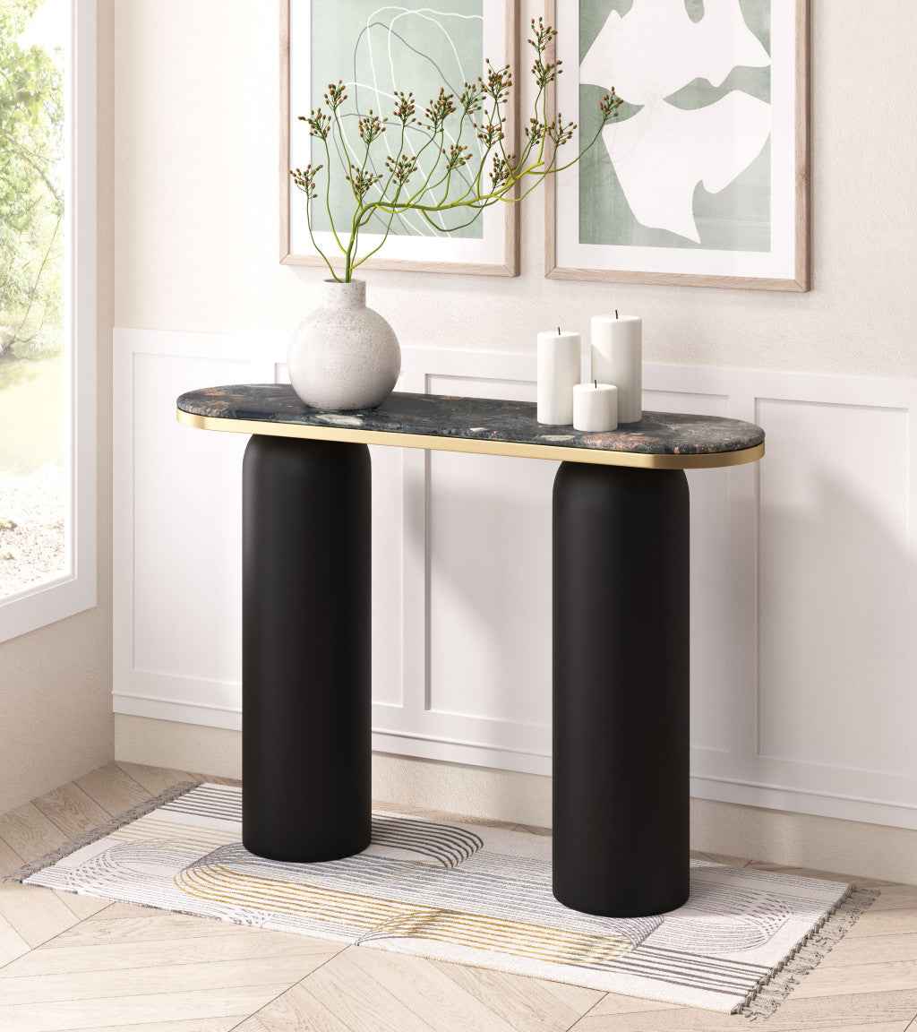 43" Black and Gold Genuine Marble and Steel Double Pedestal Console Table