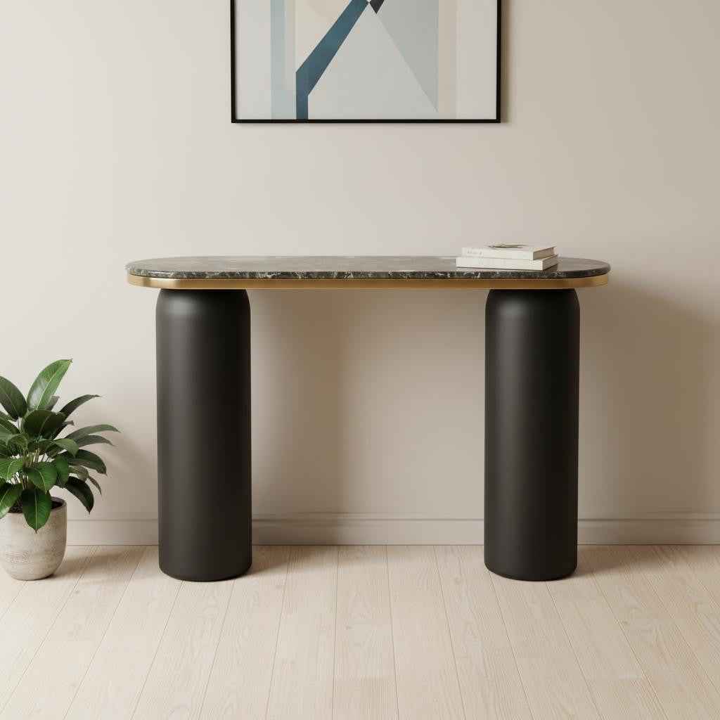 43" Black and Gold Genuine Marble and Steel Double Pedestal Console Table