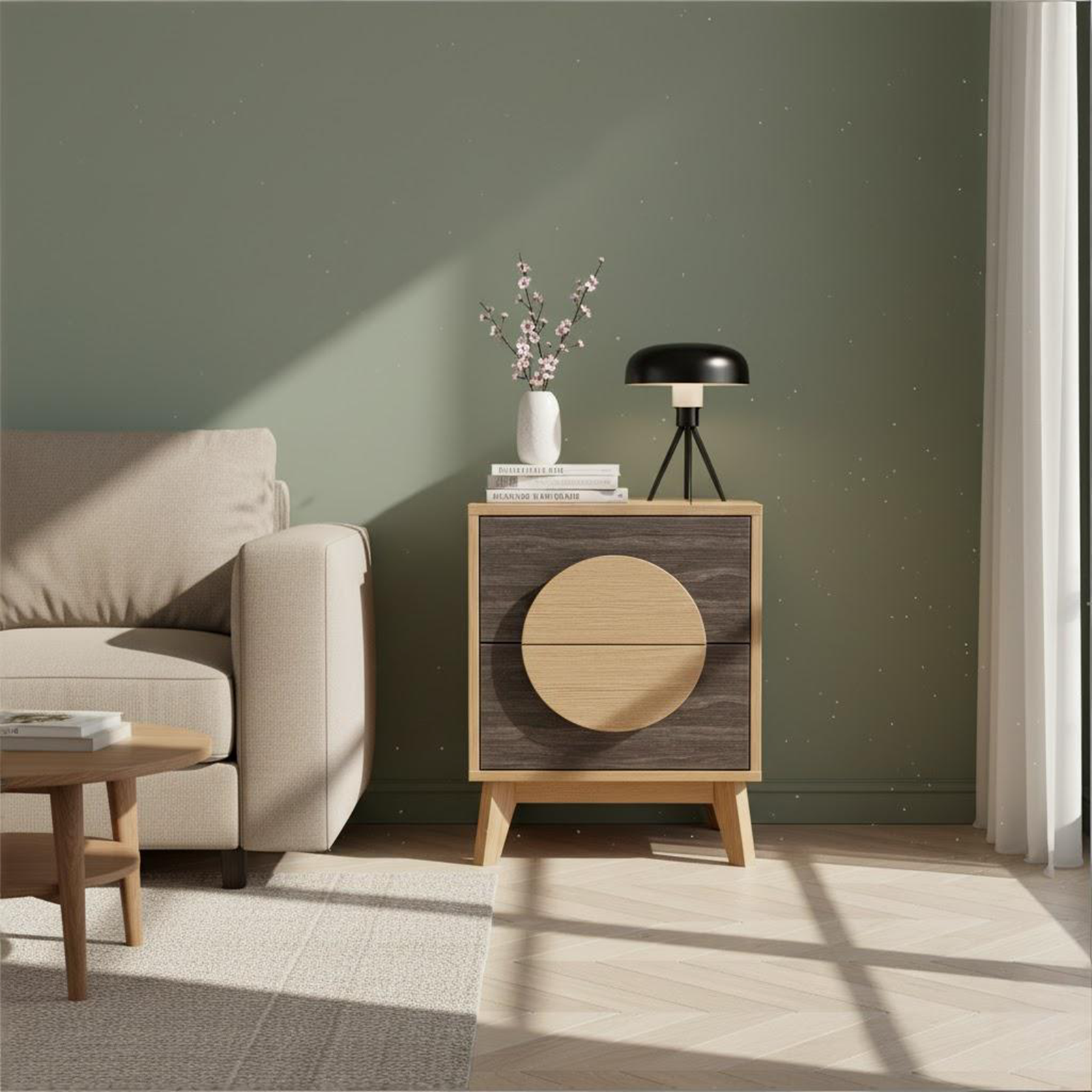 Set of Two 21" Oak And Dark Brown Solid Wood Square Two Drawer Nightstands