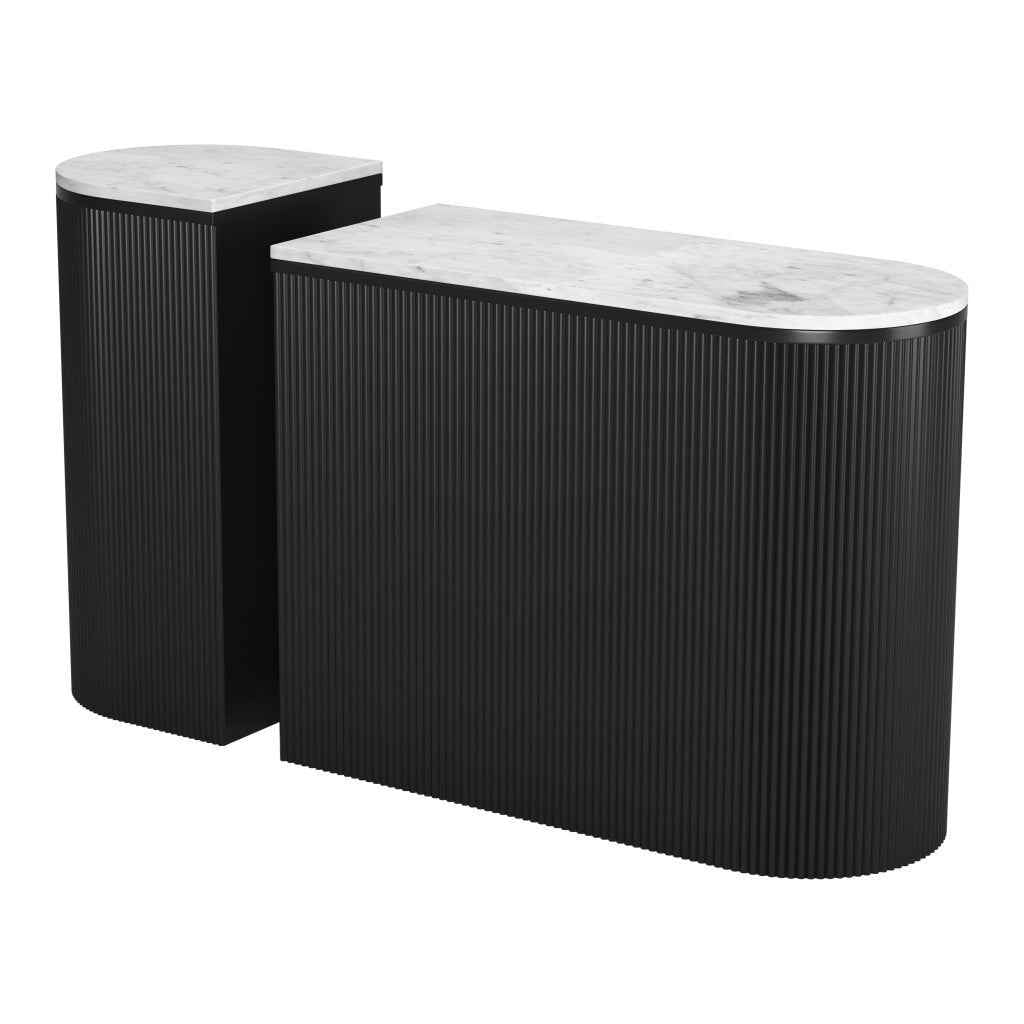 Set of Two 35" White and Black Genuine Marble and Solid Wood Oval Solid Console Tables